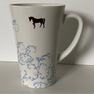 Horse Mug Ceramic Blue Floral Trim Black Quarter horse EUC Eliquus Riding Pony